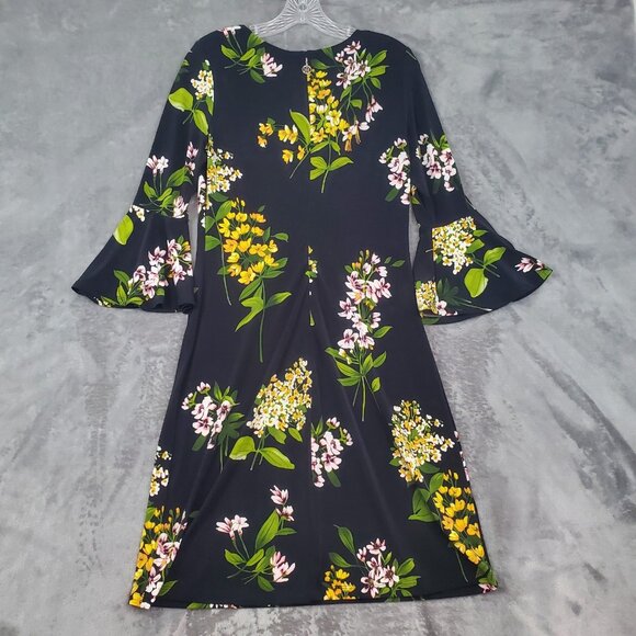 Tommy Hilfiger Dress Womens 6 Black Floral Bell Sleeve Stretch Jersey Preppy EUC - Picture 3 of 11